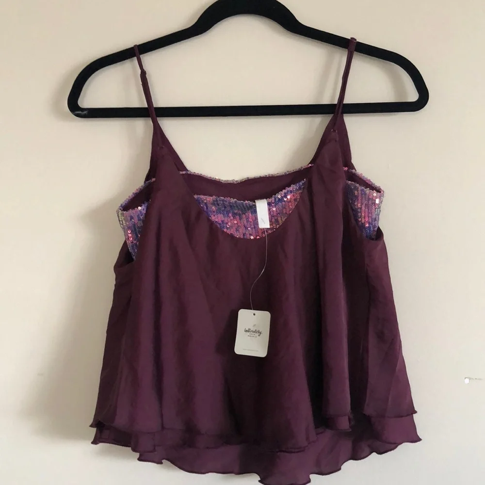Free People Turn It On Cami Plum Satin Layered Sequin Tank Top Size S